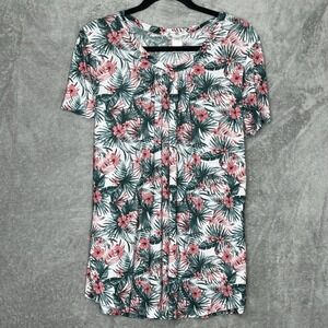 Emily Stacy 3X Shirt Top Green Pink Floral Flower Short Sleeve V Neck Stretch